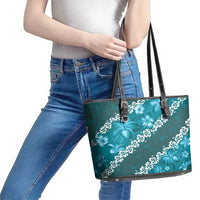 Vintage Dark Cyan Polynesia Leather Tote Bag Plumeria With Hibiscus Tropical Vibes LT14 - Polynesian Pride