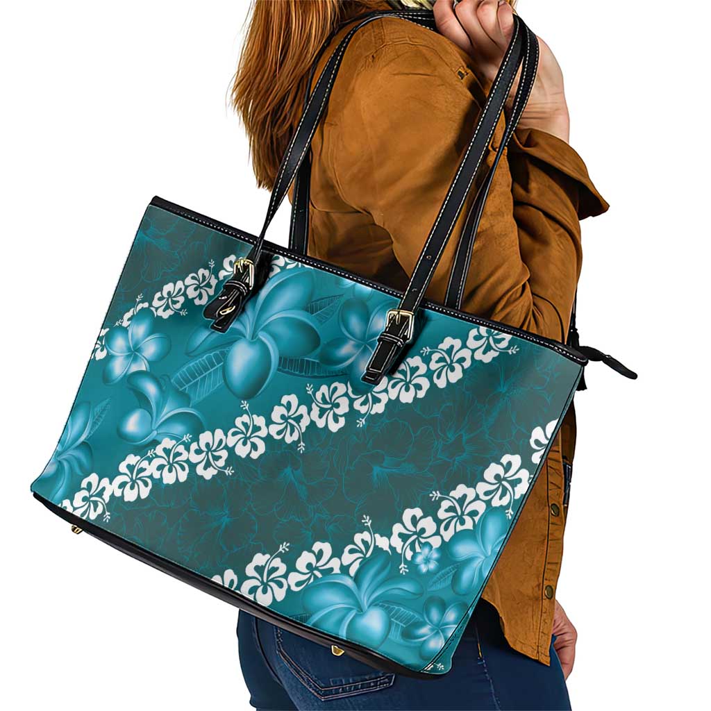 Vintage Dark Cyan Polynesia Leather Tote Bag Plumeria With Hibiscus Tropical Vibes LT14 - Polynesian Pride