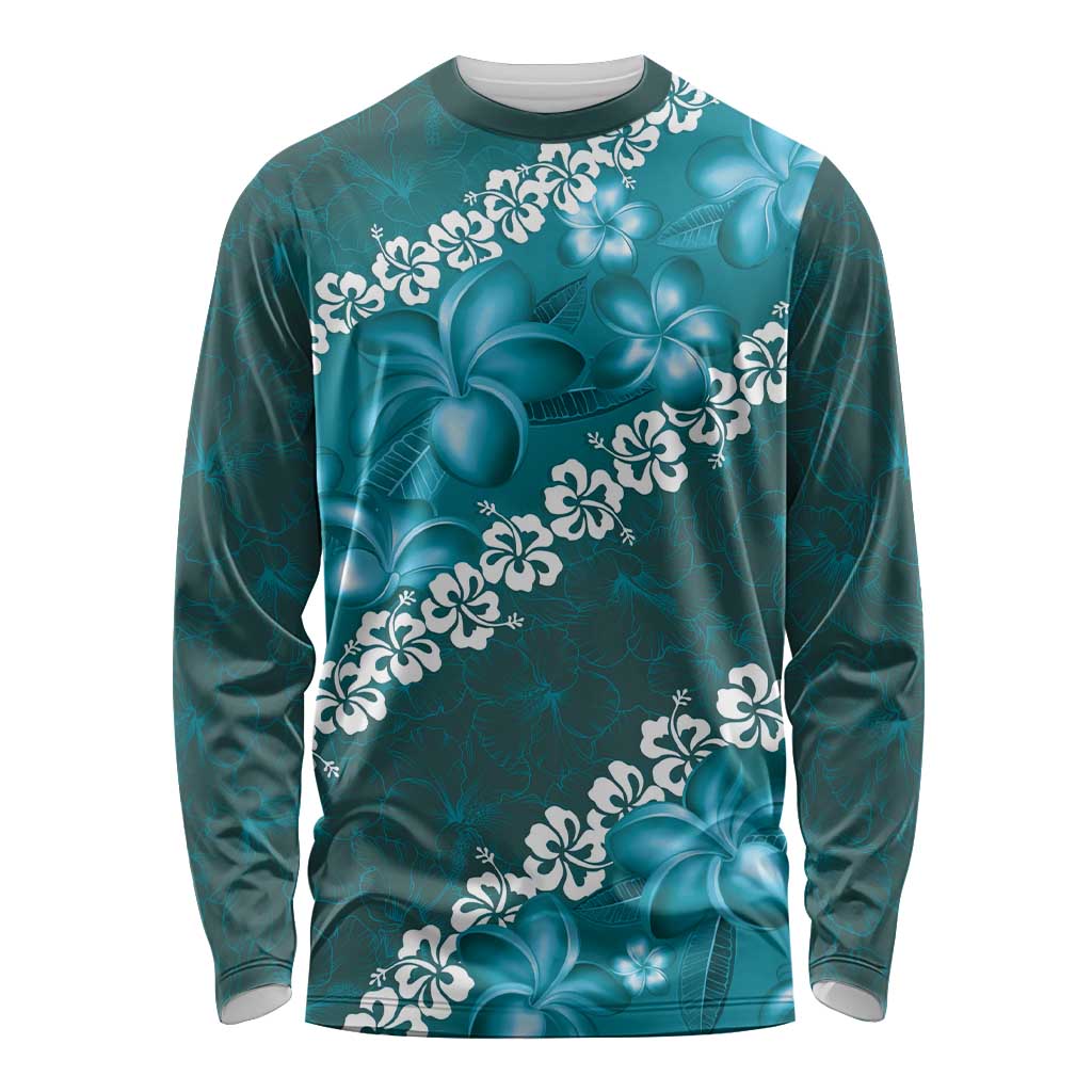 Vintage Dark Cyan Polynesia Long Sleeve Shirt Plumeria With Hibiscus Tropical Vibes