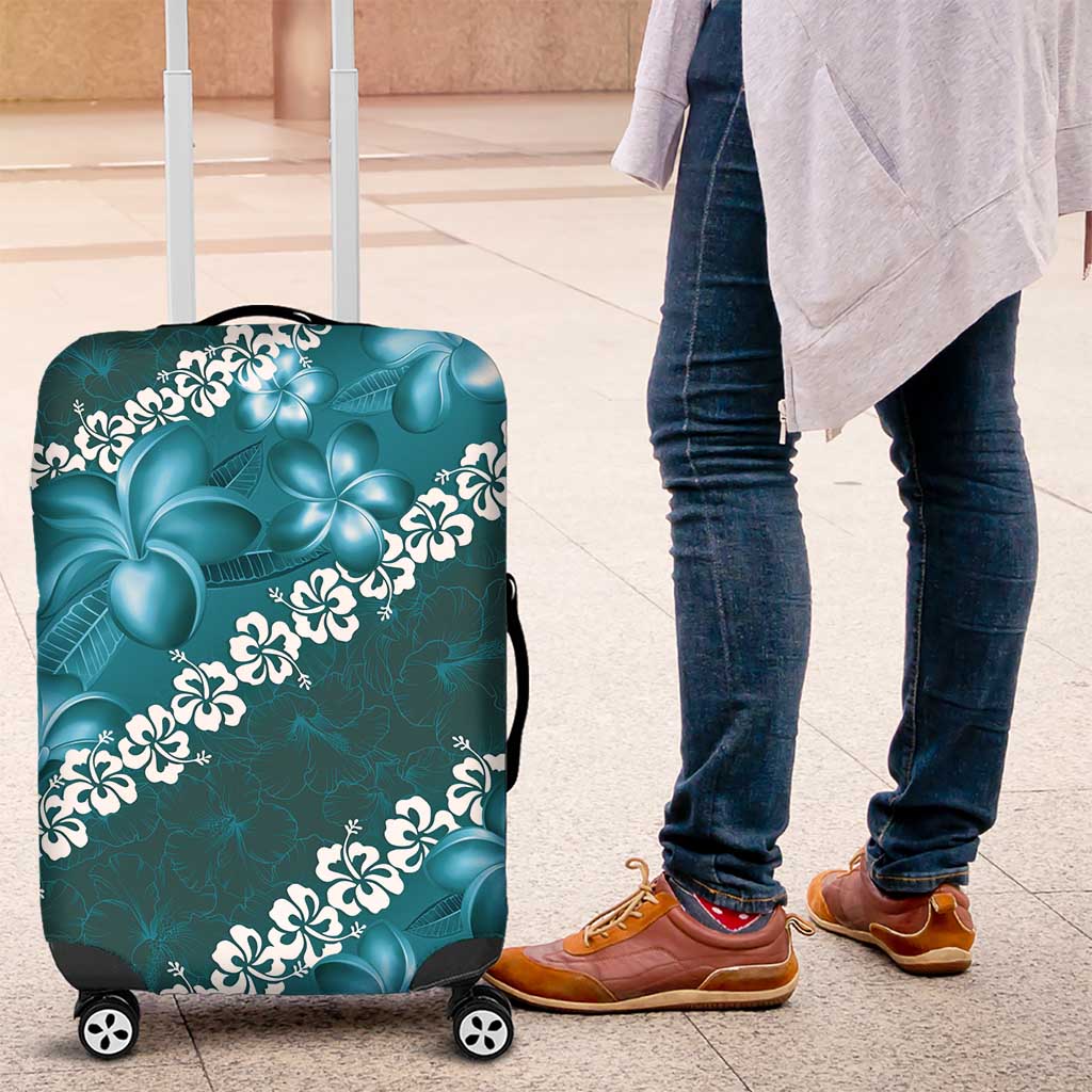 Vintage Dark Cyan Polynesia Luggage Cover Plumeria With Hibiscus Tropical Vibes