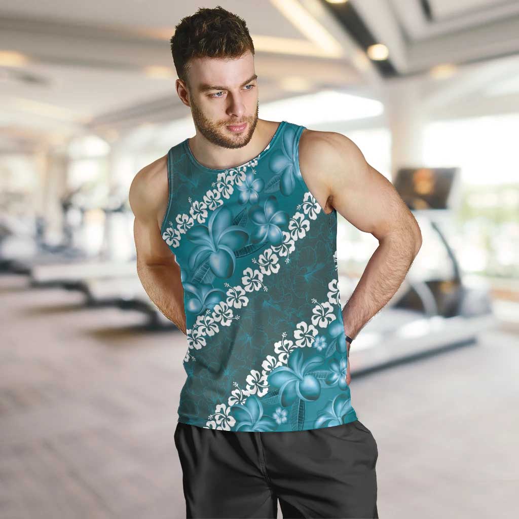 Vintage Dark Cyan Polynesia Men Tank Top Plumeria With Hibiscus Tropical Vibes LT14 Dark Cyan - Polynesian Pride
