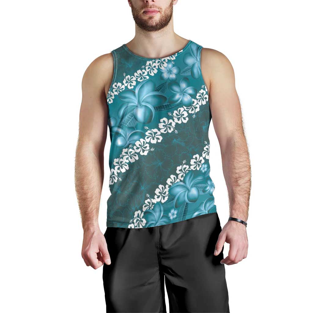 Vintage Dark Cyan Polynesia Men Tank Top Plumeria With Hibiscus Tropical Vibes LT14 - Polynesian Pride