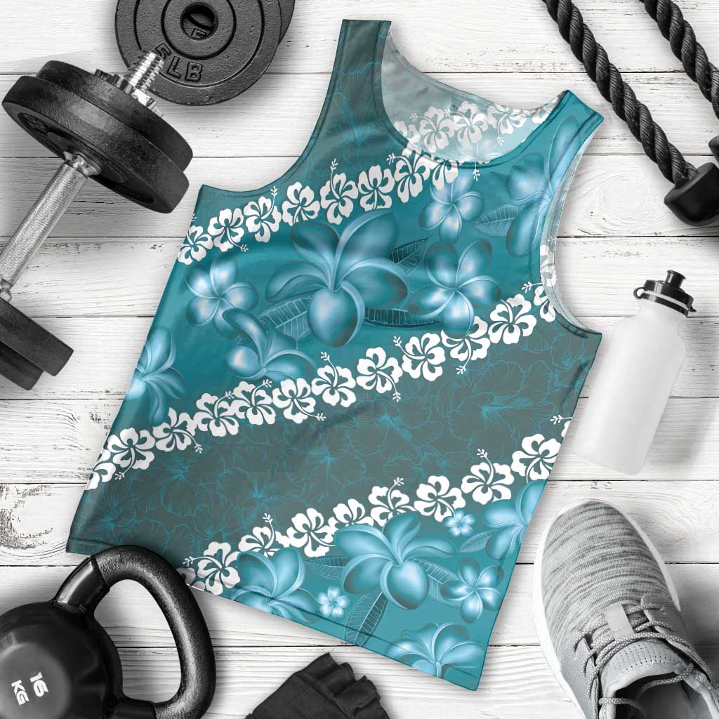 Vintage Dark Cyan Polynesia Men Tank Top Plumeria With Hibiscus Tropical Vibes LT14 - Polynesian Pride