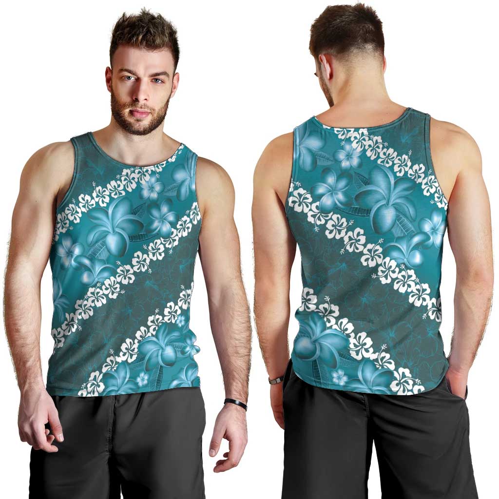 Vintage Dark Cyan Polynesia Men Tank Top Plumeria With Hibiscus Tropical Vibes LT14 - Polynesian Pride