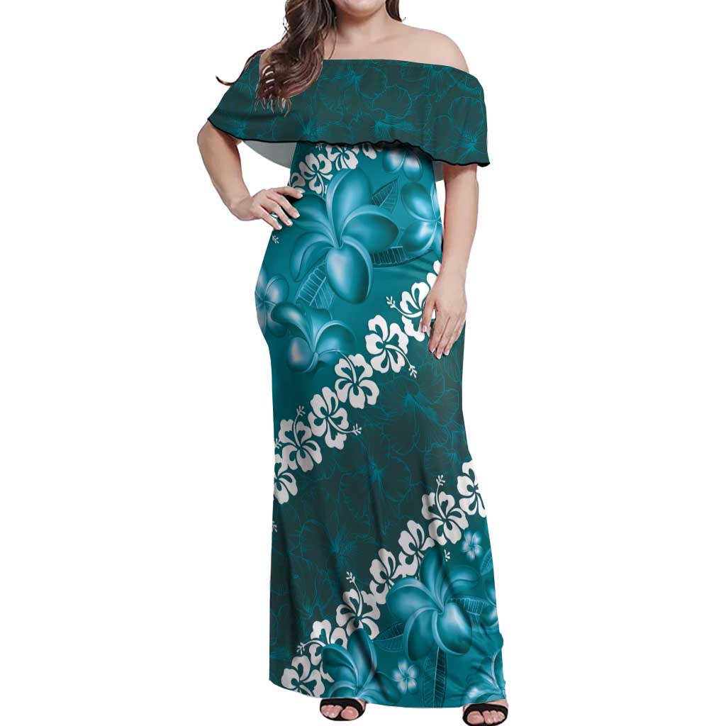 Vintage Dark Cyan Polynesia Off Shoulder Maxi Dress Plumeria With Hibiscus Tropical Vibes LT14 Women Dark Cyan - Polynesian Pride