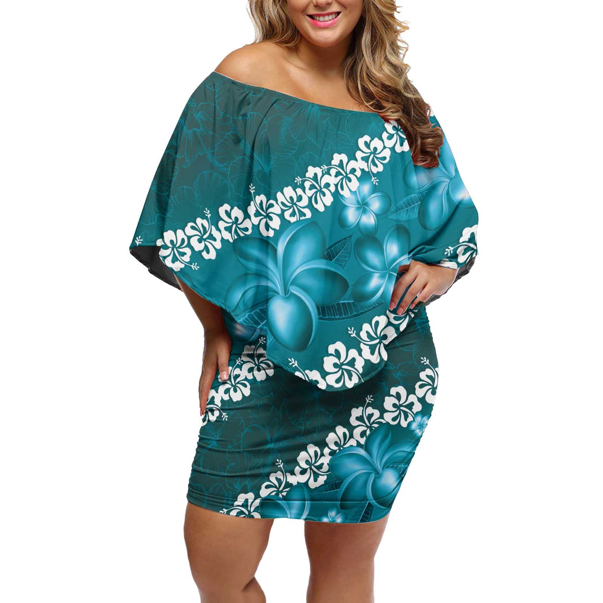 Vintage Dark Cyan Polynesia Off Shoulder Short Dress Plumeria With Hibiscus Tropical Vibes LT14 Women Dark Cyan - Polynesian Pride
