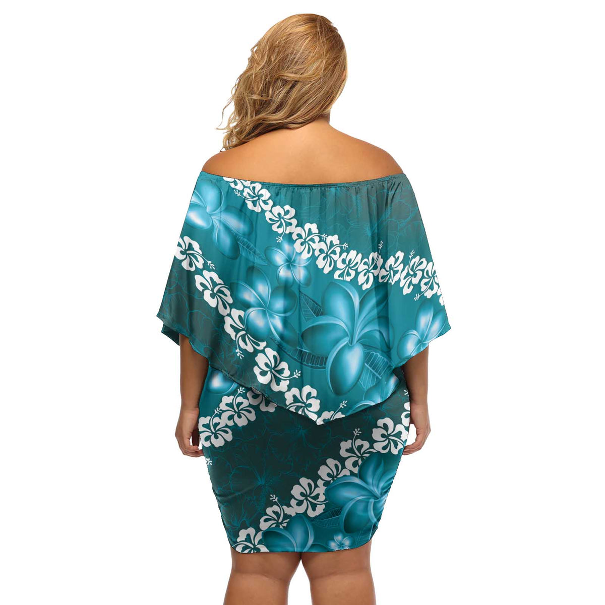 Vintage Dark Cyan Polynesia Off Shoulder Short Dress Plumeria With Hibiscus Tropical Vibes LT14 - Polynesian Pride