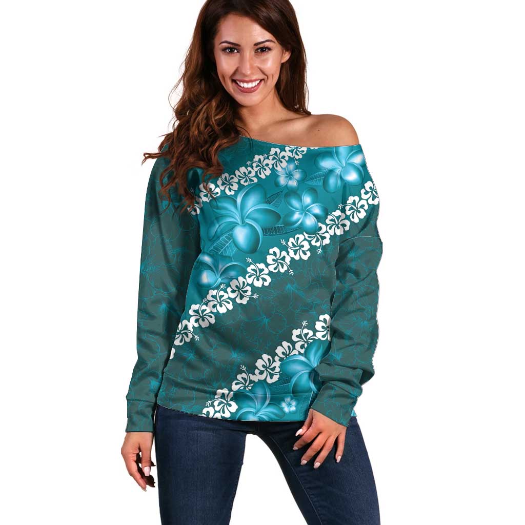 Vintage Dark Cyan Polynesia Off Shoulder Sweater Plumeria With Hibiscus Tropical Vibes