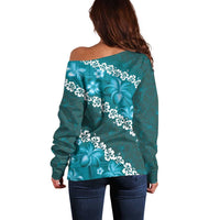Vintage Dark Cyan Polynesia Off Shoulder Sweater Plumeria With Hibiscus Tropical Vibes