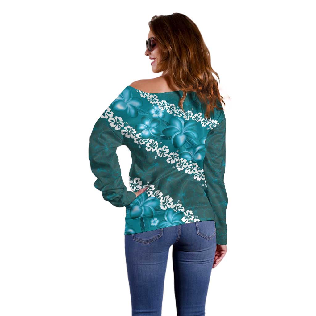 Vintage Dark Cyan Polynesia Off Shoulder Sweater Plumeria With Hibiscus Tropical Vibes