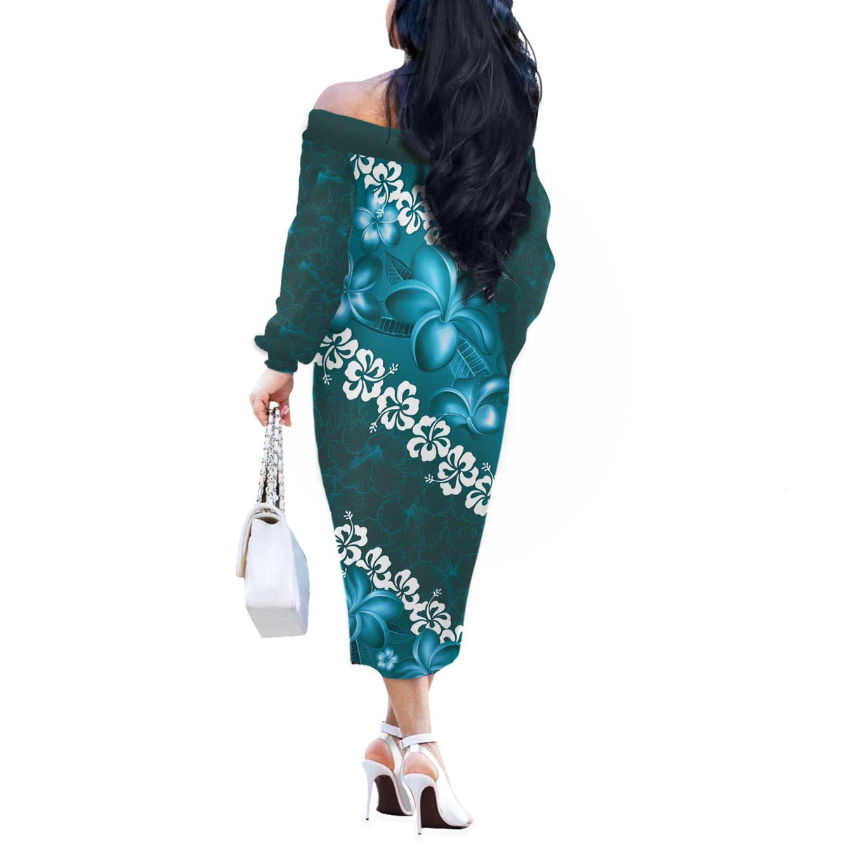 Vintage Dark Cyan Polynesia Off The Shoulder Long Sleeve Dress Plumeria With Hibiscus Tropical Vibes