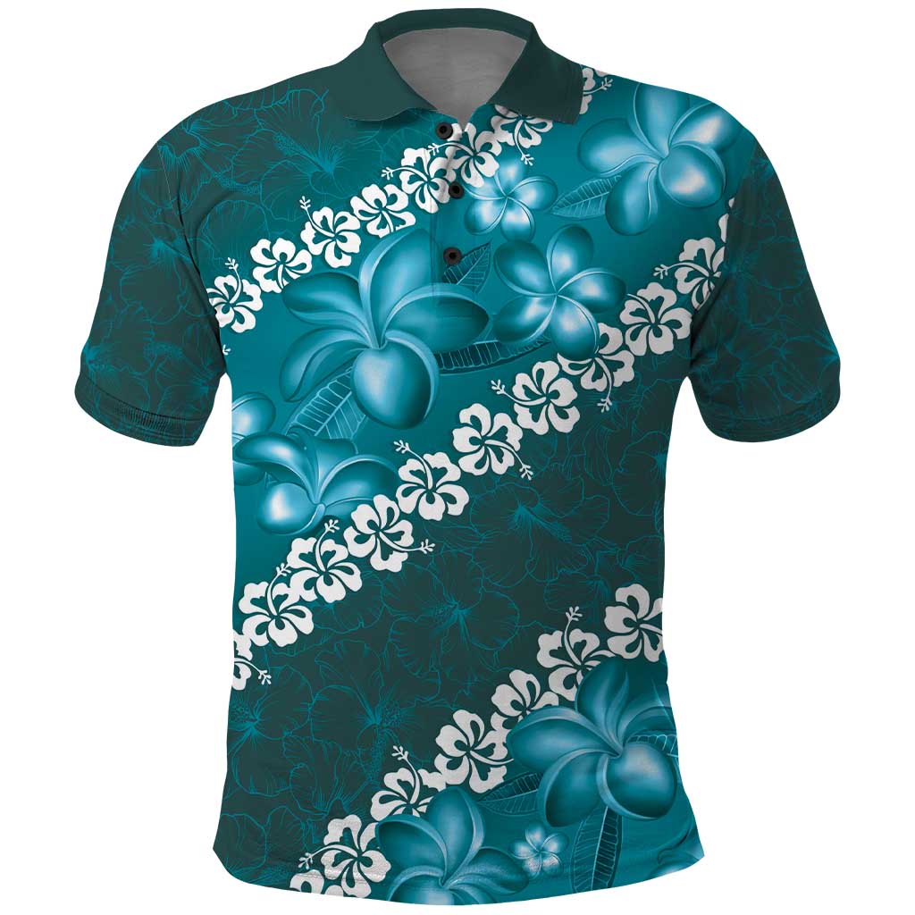 Vintage Dark Cyan Polynesia Polo Shirt Plumeria With Hibiscus Tropical Vibes