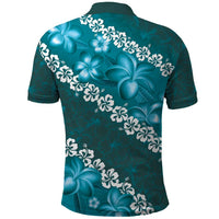 Vintage Dark Cyan Polynesia Polo Shirt Plumeria With Hibiscus Tropical Vibes