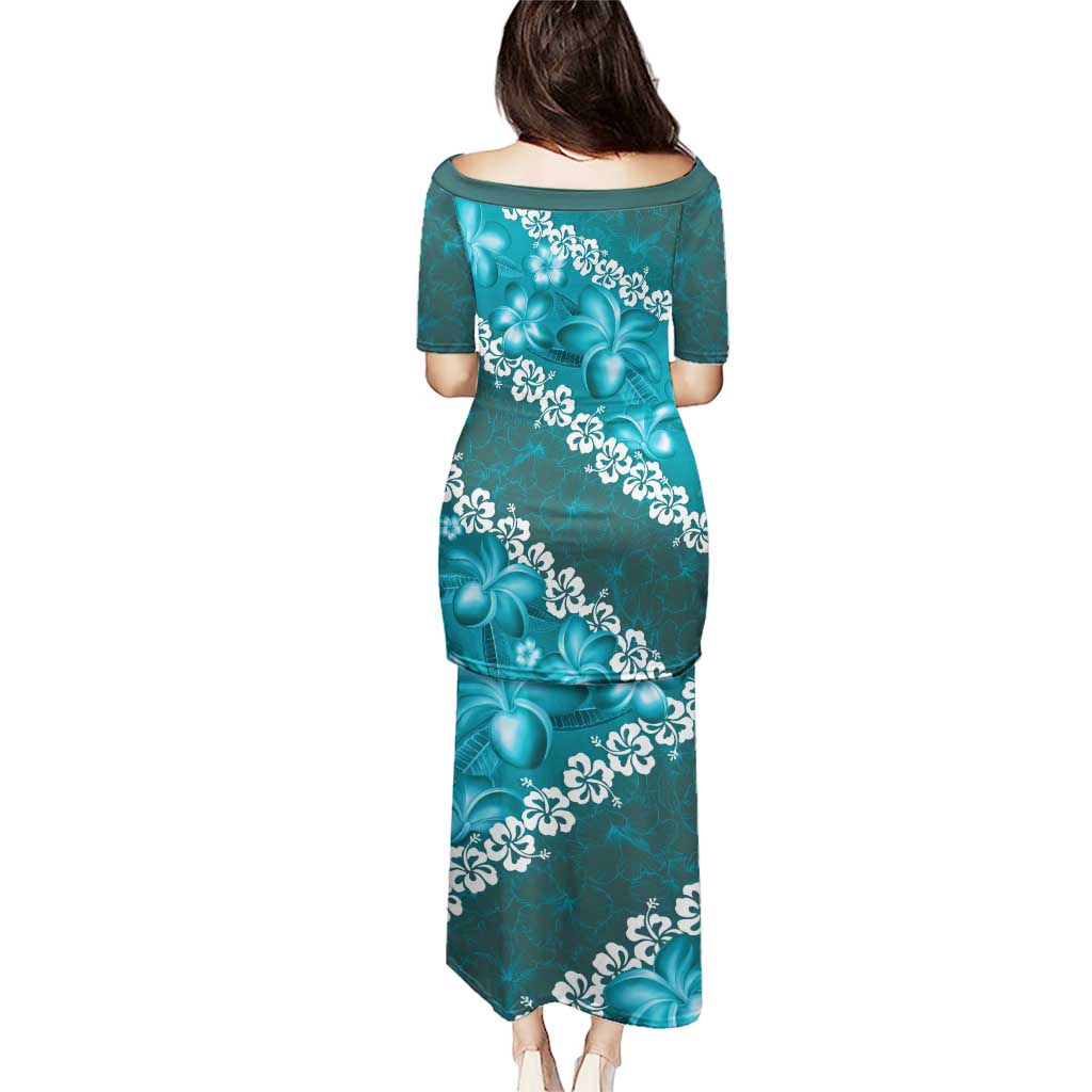Vintage Dark Cyan Polynesia Puletasi Plumeria With Hibiscus Tropical Vibes LT14 - Polynesian Pride