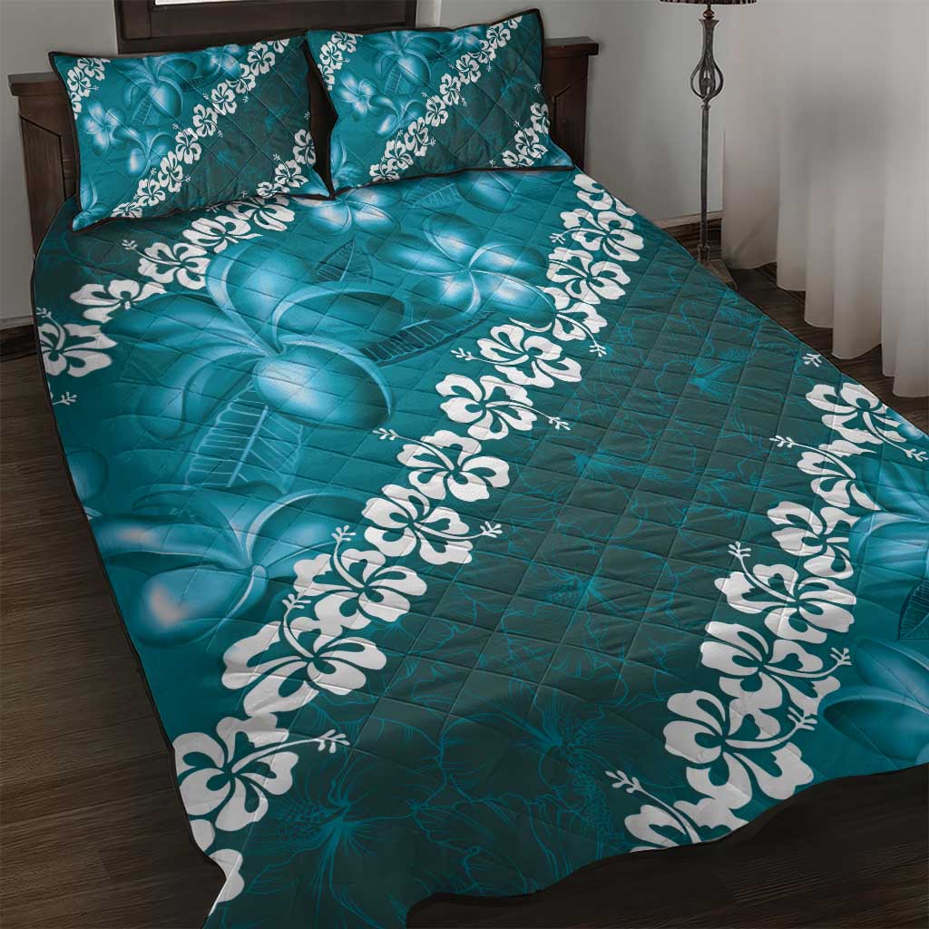 Vintage Dark Cyan Polynesia Quilt Bed Set Plumeria With Hibiscus Tropical Vibes