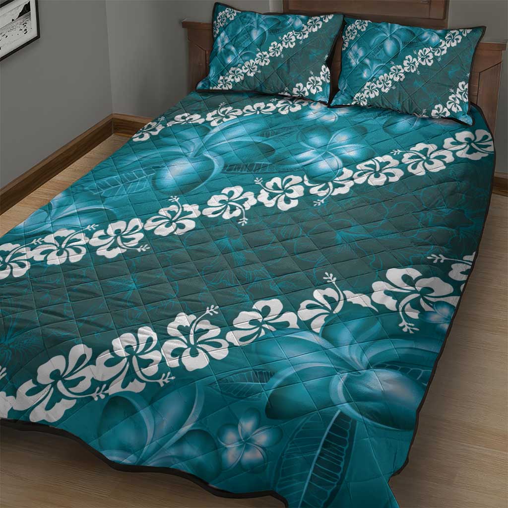 Vintage Dark Cyan Polynesia Quilt Bed Set Plumeria With Hibiscus Tropical Vibes LT14 - Polynesian Pride