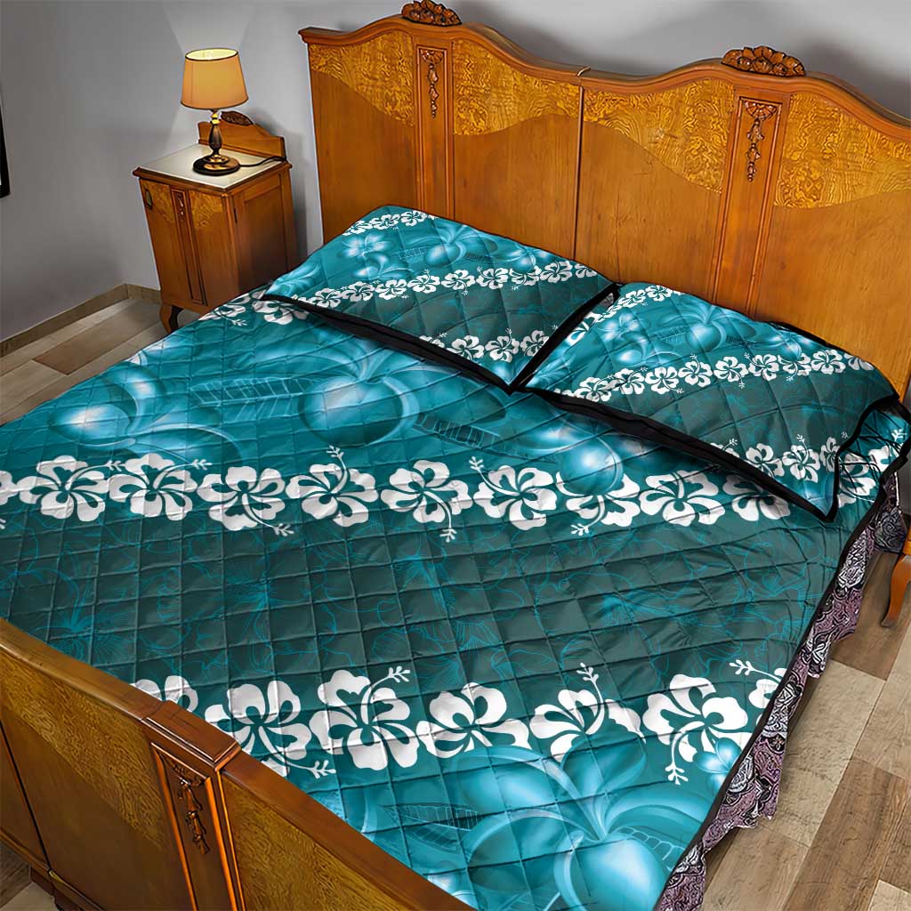 Vintage Dark Cyan Polynesia Quilt Bed Set Plumeria With Hibiscus Tropical Vibes LT14 - Polynesian Pride