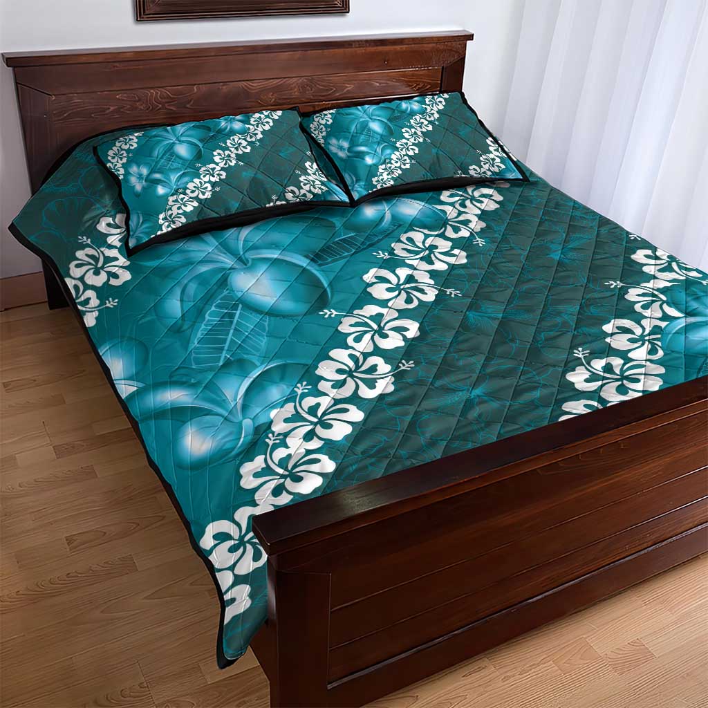 Vintage Dark Cyan Polynesia Quilt Bed Set Plumeria With Hibiscus Tropical Vibes LT14 - Polynesian Pride