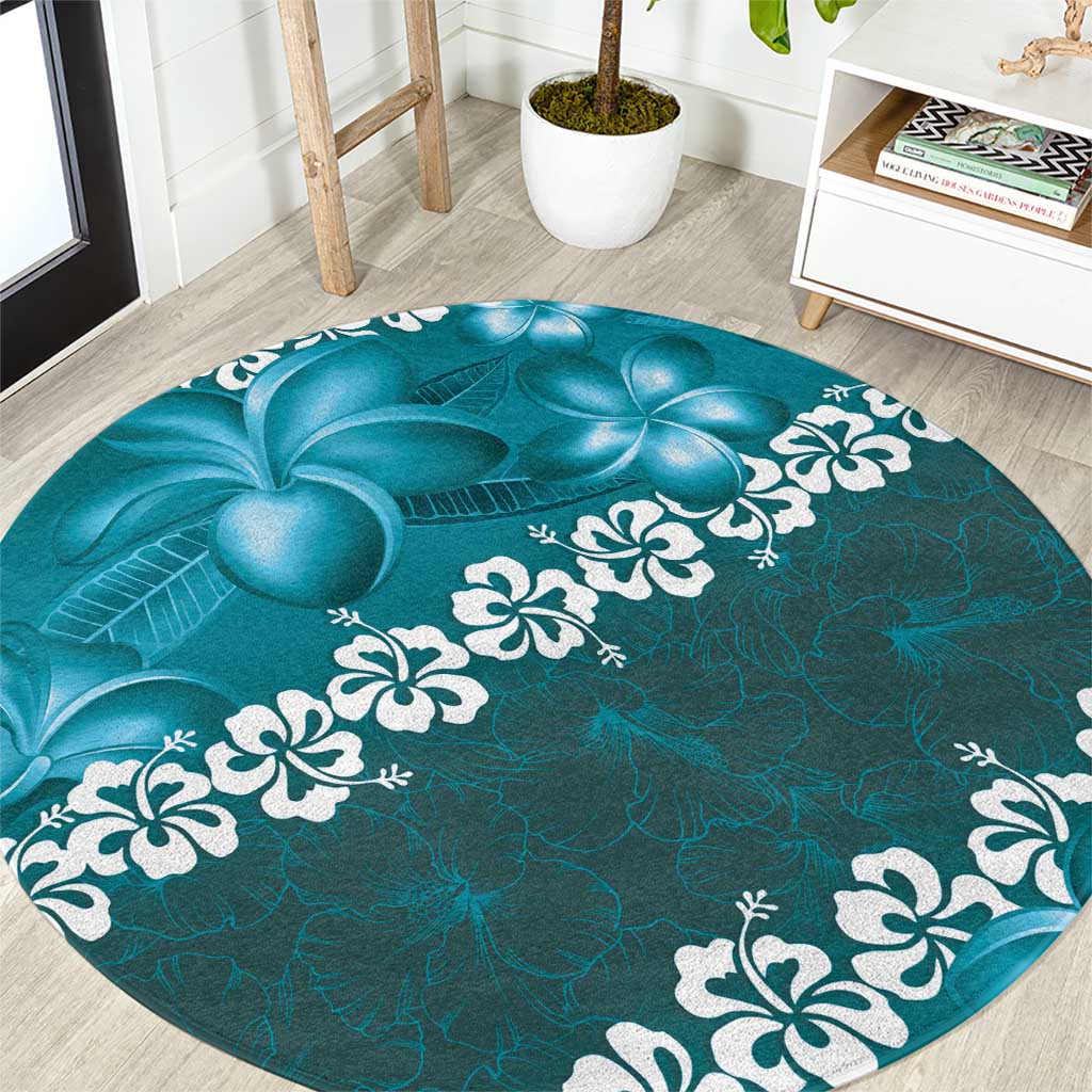 Vintage Dark Cyan Polynesia Round Carpet Plumeria With Hibiscus Tropical Vibes