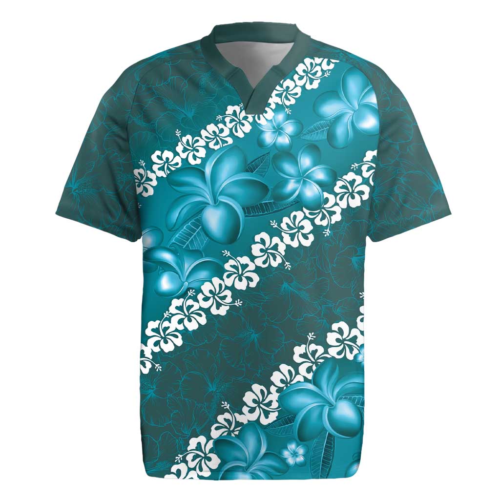 Vintage Dark Cyan Polynesia Rugby Jersey Plumeria With Hibiscus Tropical Vibes LT14 Dark Cyan - Polynesian Pride