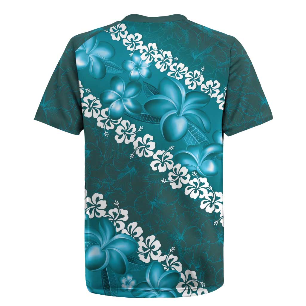 Vintage Dark Cyan Polynesia Rugby Jersey Plumeria With Hibiscus Tropical Vibes LT14 - Polynesian Pride