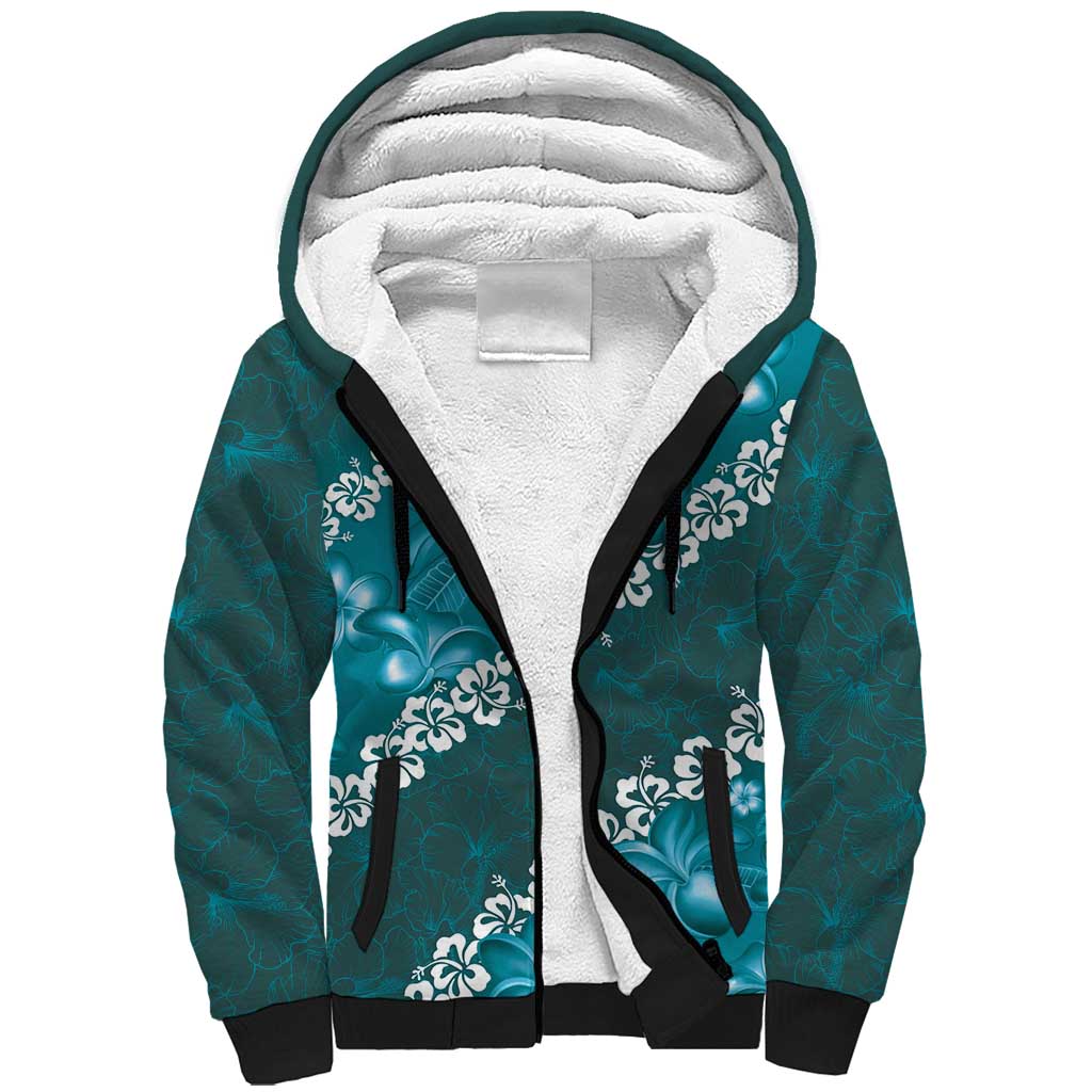 Vintage Dark Cyan Polynesia Sherpa Hoodie Plumeria With Hibiscus Tropical Vibes LT14 Unisex Dark Cyan - Polynesian Pride