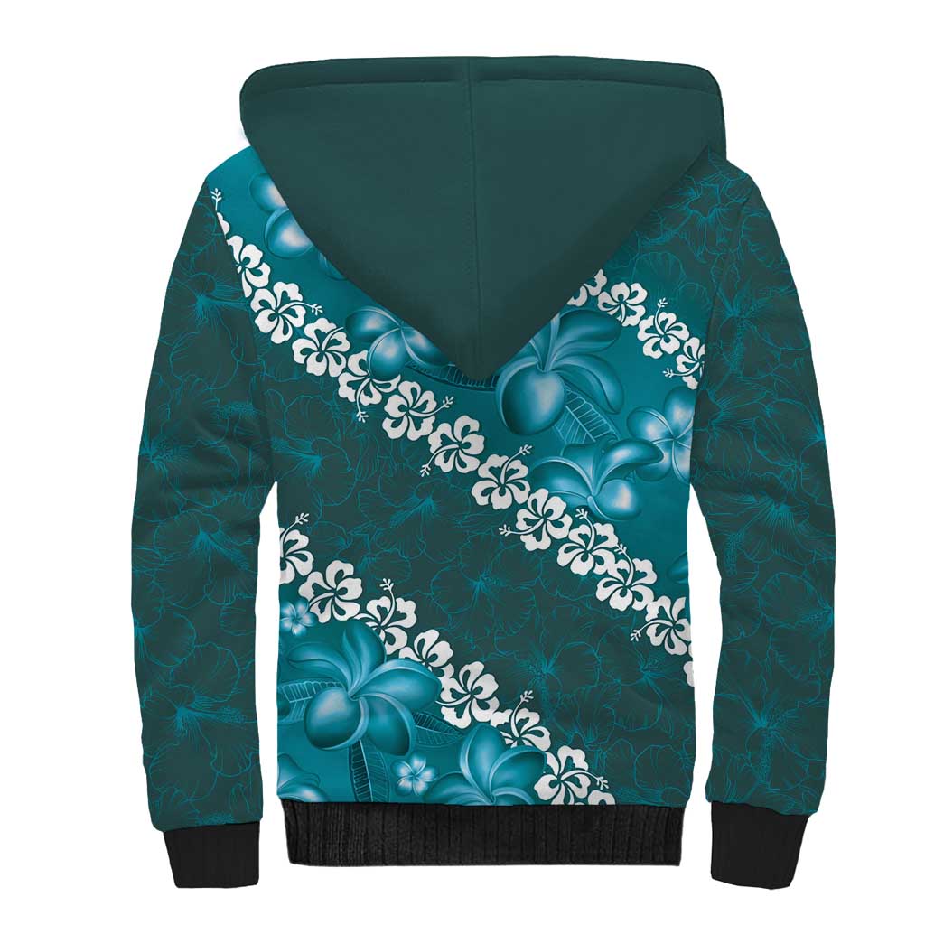 Vintage Dark Cyan Polynesia Sherpa Hoodie Plumeria With Hibiscus Tropical Vibes LT14 - Polynesian Pride