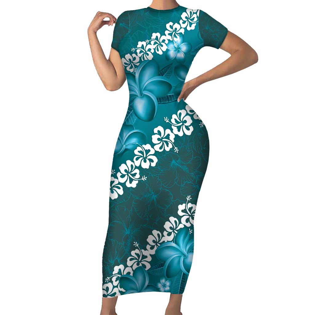 Vintage Dark Cyan Polynesia Short Sleeve Bodycon Dress Plumeria With Hibiscus Tropical Vibes