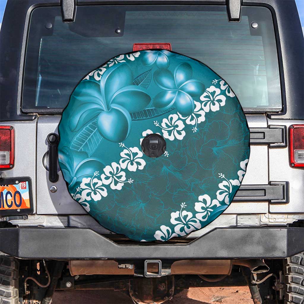 Vintage Dark Cyan Polynesia Spare Tire Cover Plumeria With Hibiscus Tropical Vibes LT14 Dark Cyan - Polynesian Pride