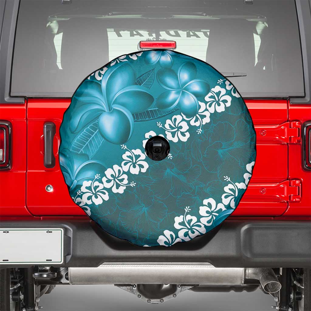 Vintage Dark Cyan Polynesia Spare Tire Cover Plumeria With Hibiscus Tropical Vibes LT14 - Polynesian Pride