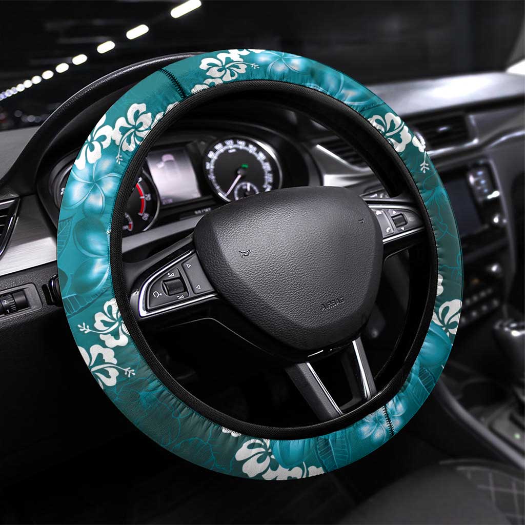 Vintage Dark Cyan Polynesia Steering Wheel Cover Plumeria With Hibiscus Tropical Vibes LT14 Universal Fit Dark Cyan - Polynesian Pride