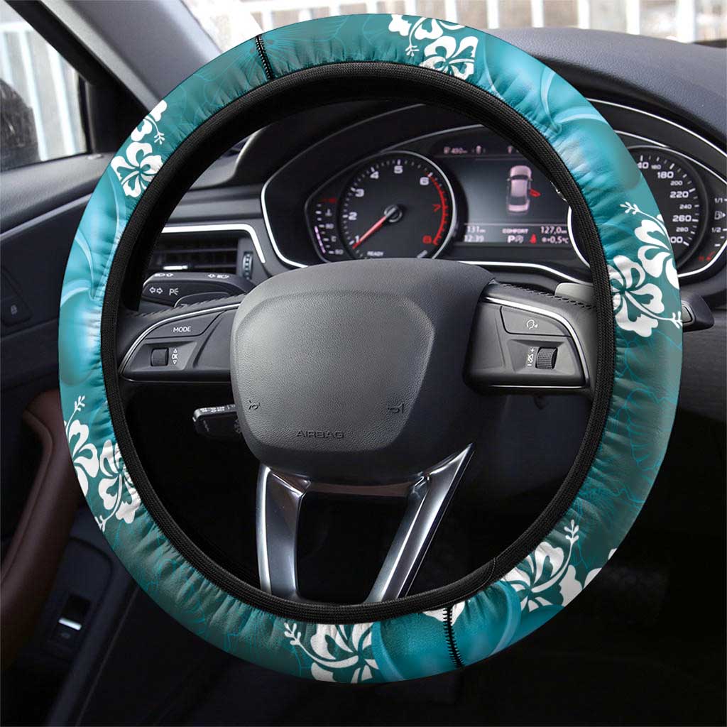 Vintage Dark Cyan Polynesia Steering Wheel Cover Plumeria With Hibiscus Tropical Vibes LT14 - Polynesian Pride