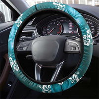 Vintage Dark Cyan Polynesia Steering Wheel Cover Plumeria With Hibiscus Tropical Vibes LT14 - Polynesian Pride