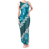 Vintage Dark Cyan Polynesia Tank Maxi Dress Plumeria With Hibiscus Tropical Vibes LT14 Women Dark Cyan - Polynesian Pride