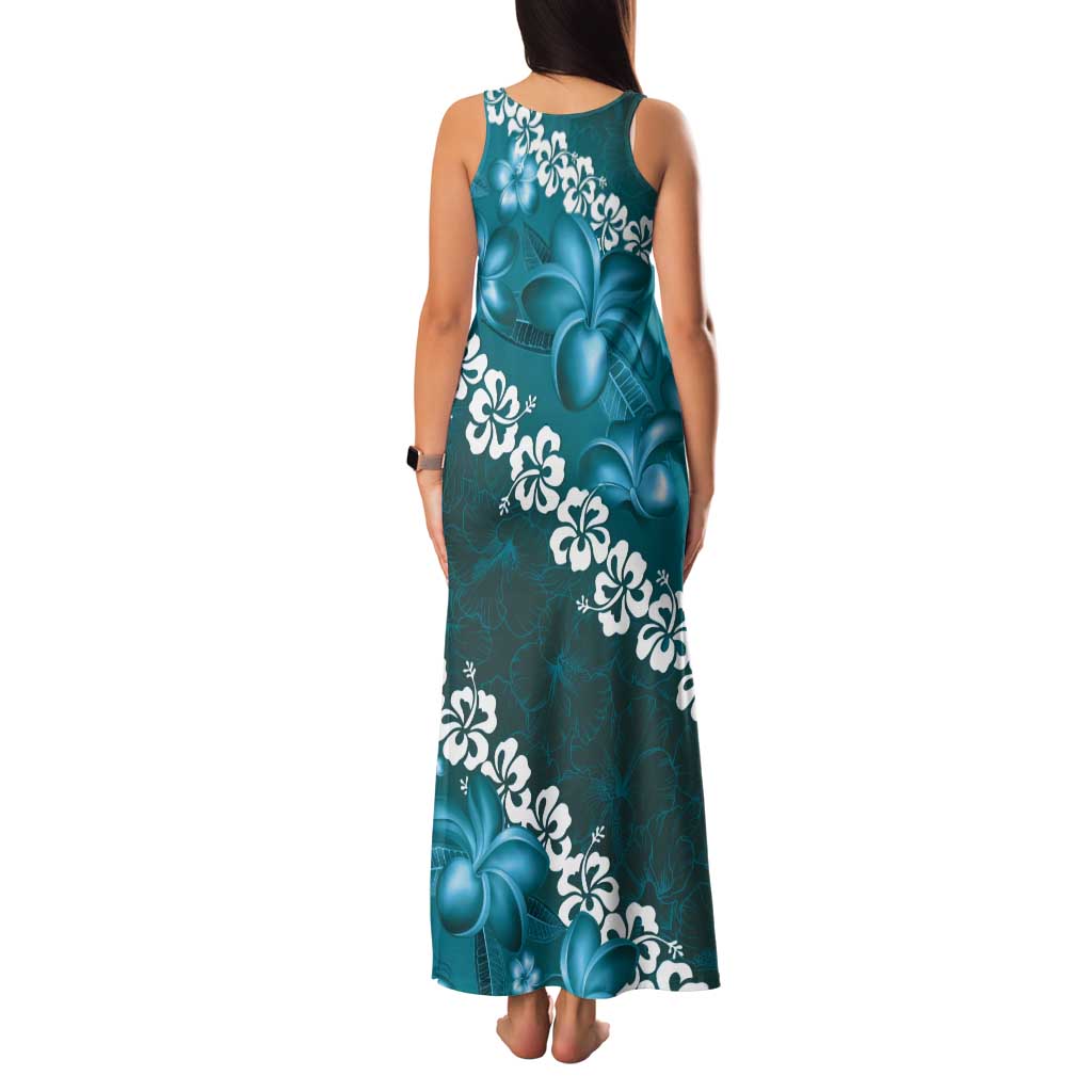 Vintage Dark Cyan Polynesia Tank Maxi Dress Plumeria With Hibiscus Tropical Vibes LT14 - Polynesian Pride