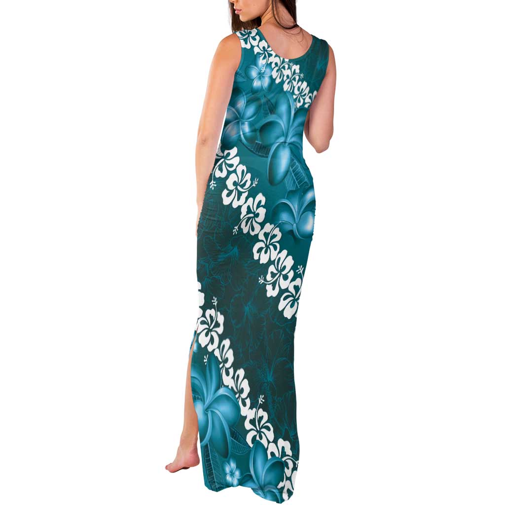 Vintage Dark Cyan Polynesia Tank Maxi Dress Plumeria With Hibiscus Tropical Vibes LT14 - Polynesian Pride