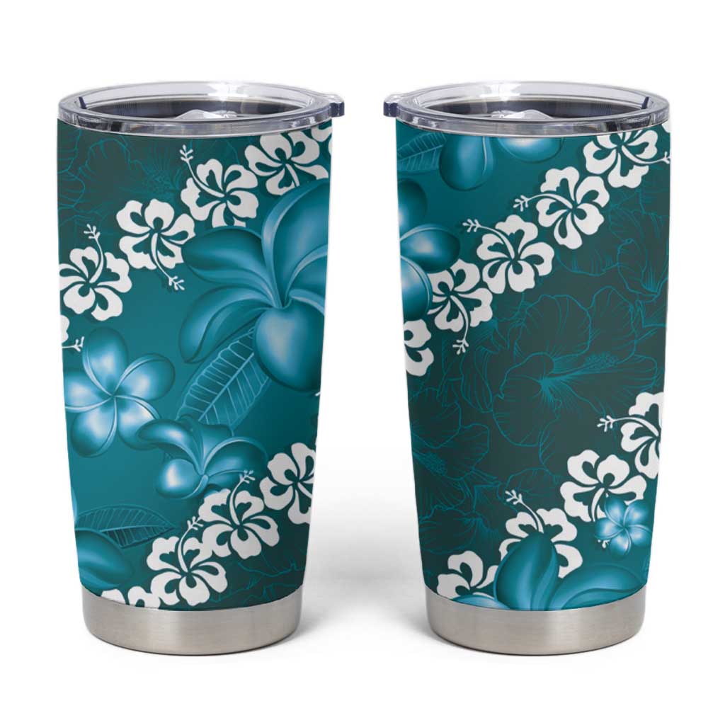 Vintage Dark Cyan Polynesia Tumbler Cup Plumeria With Hibiscus Tropical Vibes LT14 Dark Cyan - Polynesian Pride
