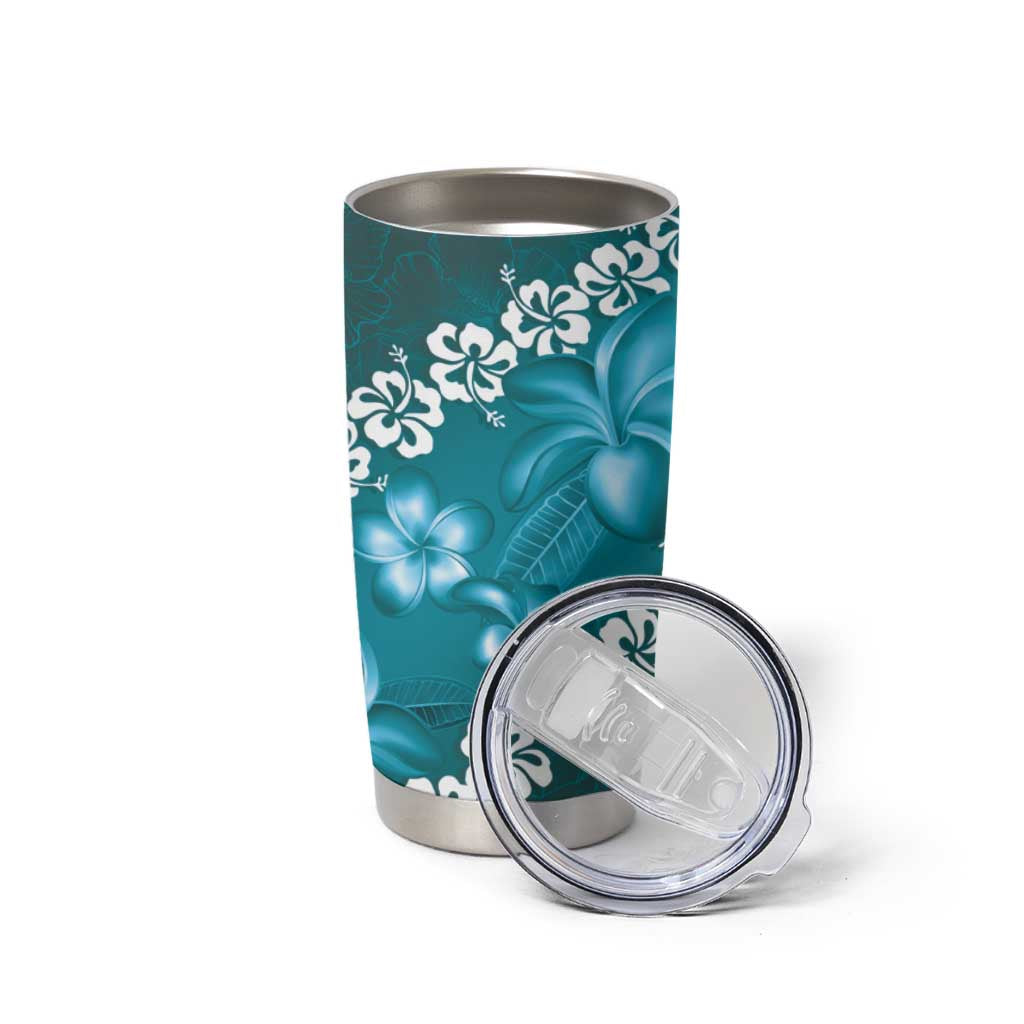 Vintage Dark Cyan Polynesia Tumbler Cup Plumeria With Hibiscus Tropical Vibes LT14 - Polynesian Pride