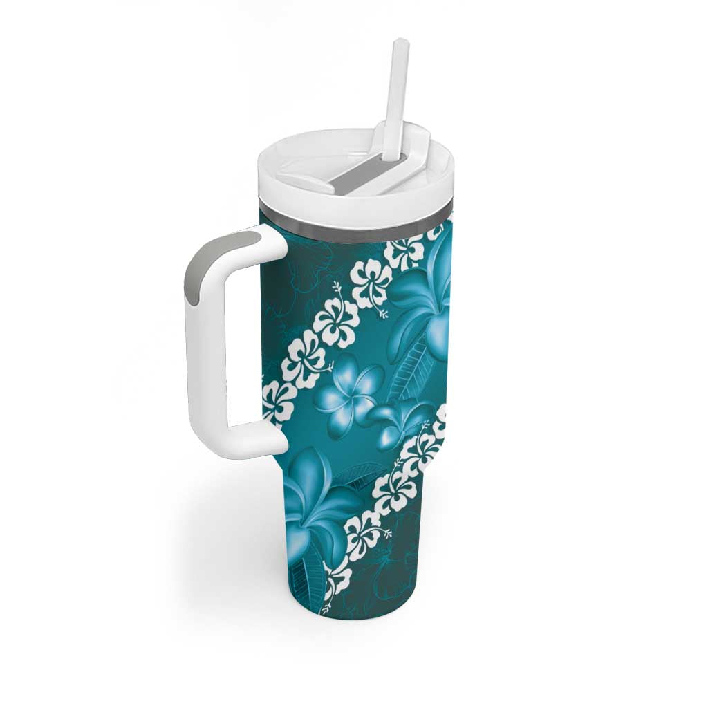 Vintage Dark Cyan Polynesia Tumbler With Handle Plumeria With Hibiscus Tropical Vibes LT14 - Polynesian Pride