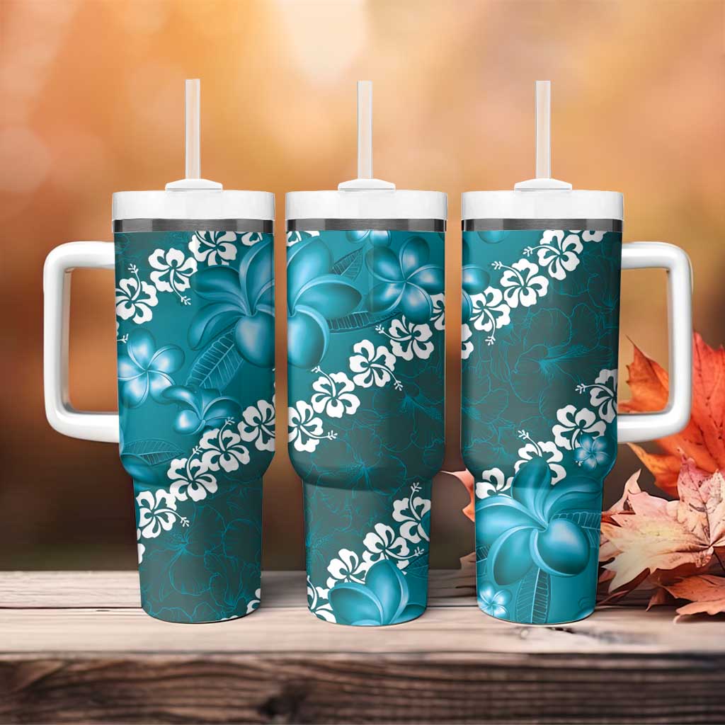 Vintage Dark Cyan Polynesia Tumbler With Handle Plumeria With Hibiscus Tropical Vibes LT14 - Polynesian Pride