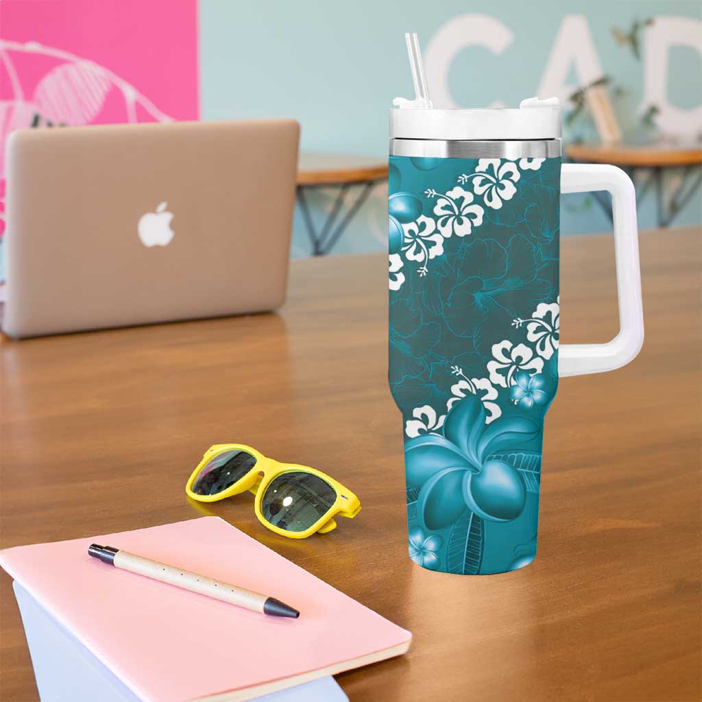 Vintage Dark Cyan Polynesia Tumbler With Handle Plumeria With Hibiscus Tropical Vibes LT14 - Polynesian Pride