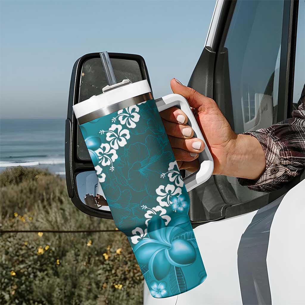 Vintage Dark Cyan Polynesia Tumbler With Handle Plumeria With Hibiscus Tropical Vibes LT14 - Polynesian Pride