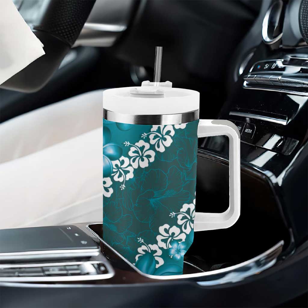 Vintage Dark Cyan Polynesia Tumbler With Handle Plumeria With Hibiscus Tropical Vibes LT14 - Polynesian Pride