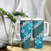 Vintage Dark Cyan Polynesia Tumbler With Handle Plumeria With Hibiscus Tropical Vibes LT14 - Polynesian Pride