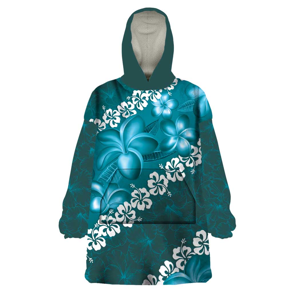 Vintage Dark Cyan Polynesia Wearable Blanket Hoodie Plumeria With Hibiscus Tropical Vibes LT14 One Size Dark Cyan - Polynesian Pride