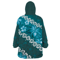 Vintage Dark Cyan Polynesia Wearable Blanket Hoodie Plumeria With Hibiscus Tropical Vibes LT14 - Polynesian Pride