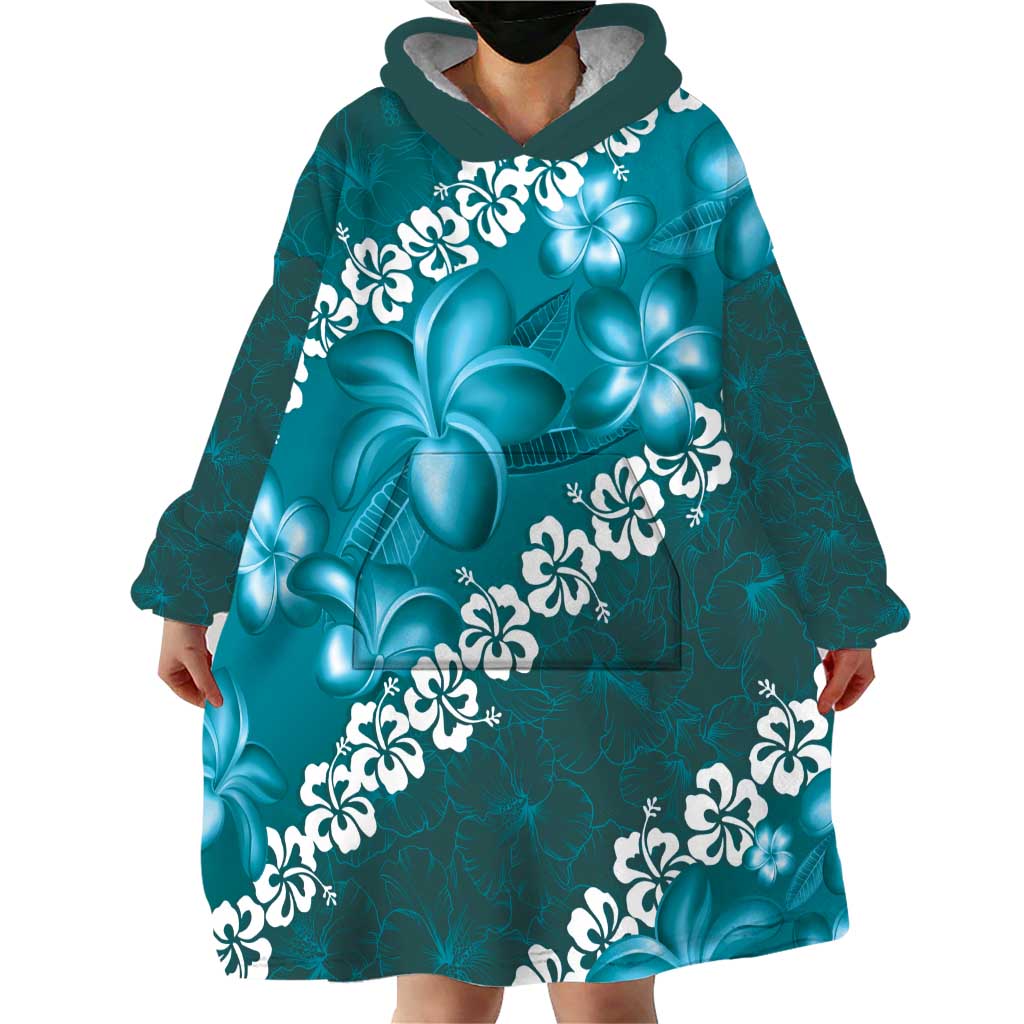 Vintage Dark Cyan Polynesia Wearable Blanket Hoodie Plumeria With Hibiscus Tropical Vibes LT14 - Polynesian Pride