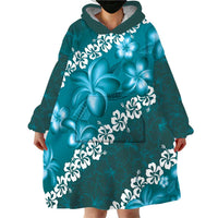 Vintage Dark Cyan Polynesia Wearable Blanket Hoodie Plumeria With Hibiscus Tropical Vibes LT14 - Polynesian Pride
