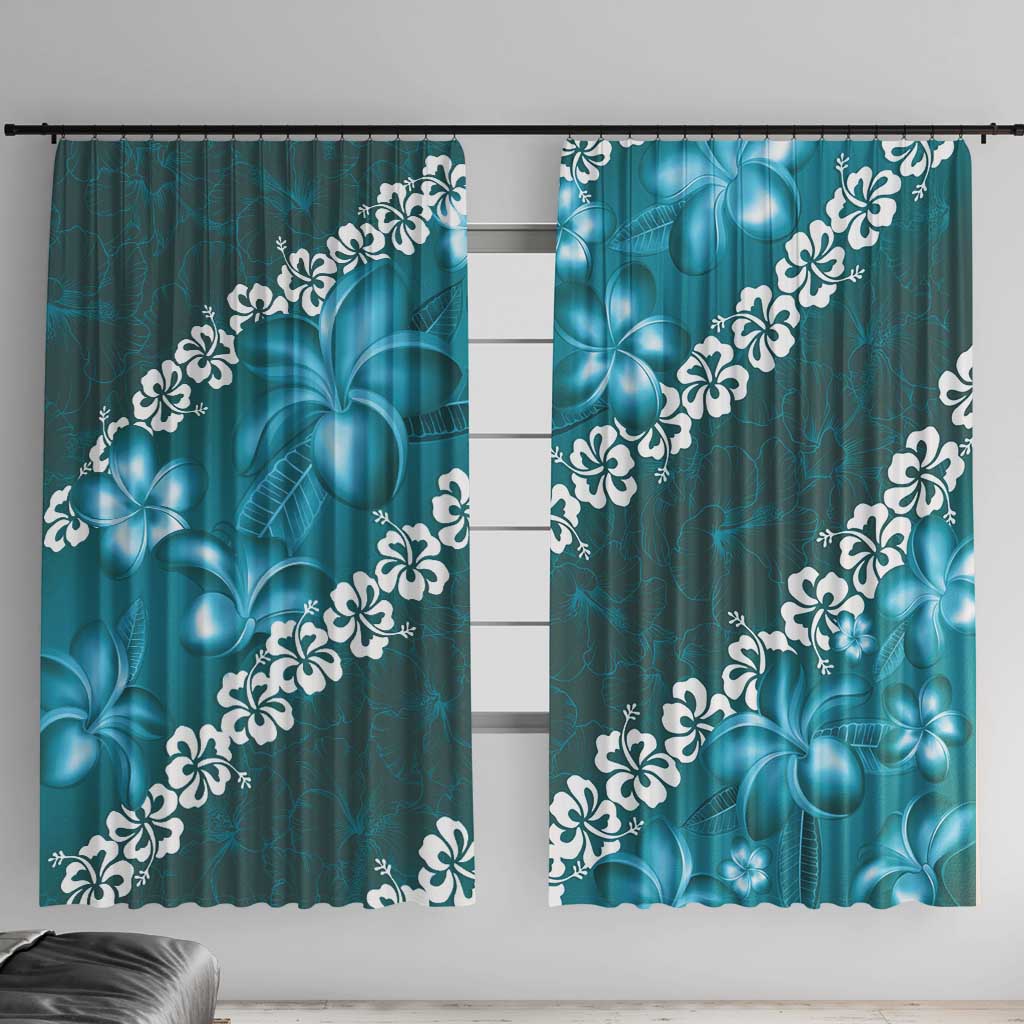 Vintage Dark Cyan Polynesia Window Curtain Plumeria With Hibiscus Tropical Vibes