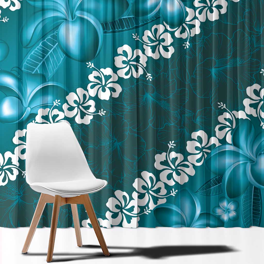 Vintage Dark Cyan Polynesia Window Curtain Plumeria With Hibiscus Tropical Vibes LT14 - Polynesian Pride
